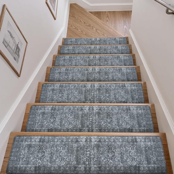 Vintage Stair Treads for Wooden Steps Indoor 15PCS 30"x8" Non-Slip Stair Runner Carpet Stair Treads Mats Staircase Step Treads for Kids, Elders and Dogs, Rubber Step Covers