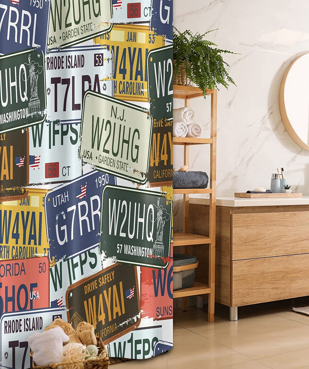 Vintage Stall Shower Curtain, Original Retro Style License Plates Personalized Creative Travel Vacation, Fabric Bathroom Decor Set with Hooks, 36" W x 72" L, Green Blue Yellow