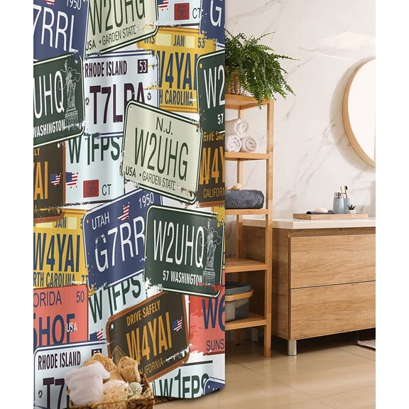 Vintage Stall Shower Curtain, Original Retro Style License Plates Personalized Creative Travel Vacation, Fabric Bathroom Decor Set with Hooks, 36" W x 72" L, Green Blue Yellow