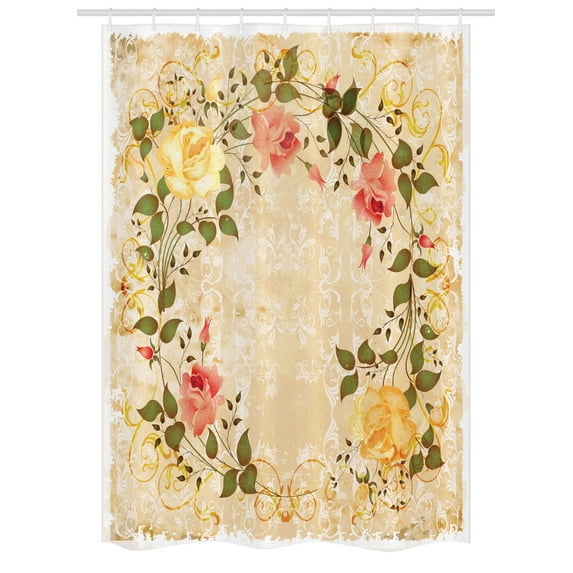 Vintage Stall Shower Curtain, Oval Shape Floral Crown with Leaves and Roses over Damask Motif Shabby Boho, Fabric Bathroom Set with Hooks, 54W X 78L Inches, Yellow Green Pink, by Ambesonne