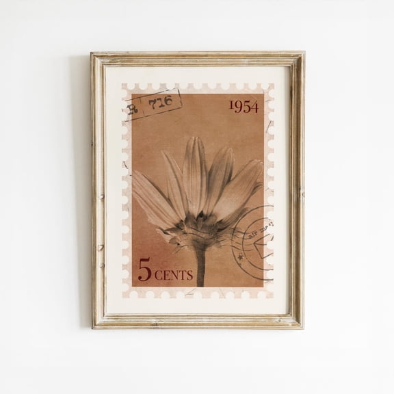 Vintage Stamp Flower Art Print Sepia Botanical Collage, Stretched Canvas 8x10in