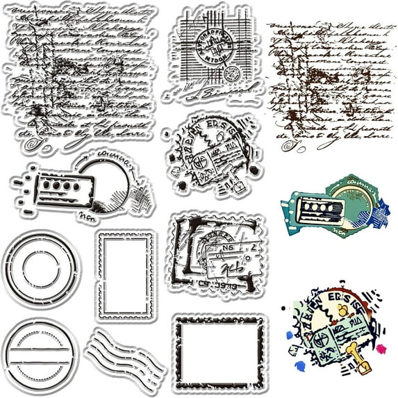 Vintage Stamps Clear Stamps for Card Making Transparent Rubber Stamps Reusable Silicone Stamp Crafting DIY Scrapbooking Photos Album Decorative Stamp Postage Postcard Lable Silver