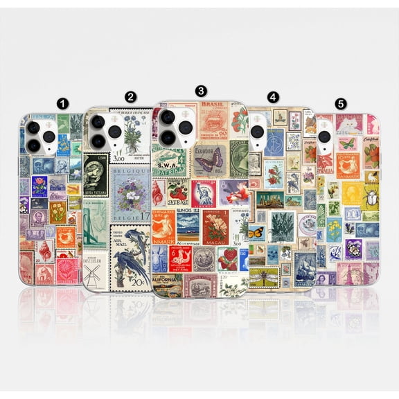 Vintage Stamps Collage Retro Travel Tough Phone Case Compatible with iPhone 17 Pro Max, 16e, 15, 14, 13, 12, 11, X, XR, XS, 8, 7 | Shockproof 2-Layer Polycarbonate Glossy Protective Cover
