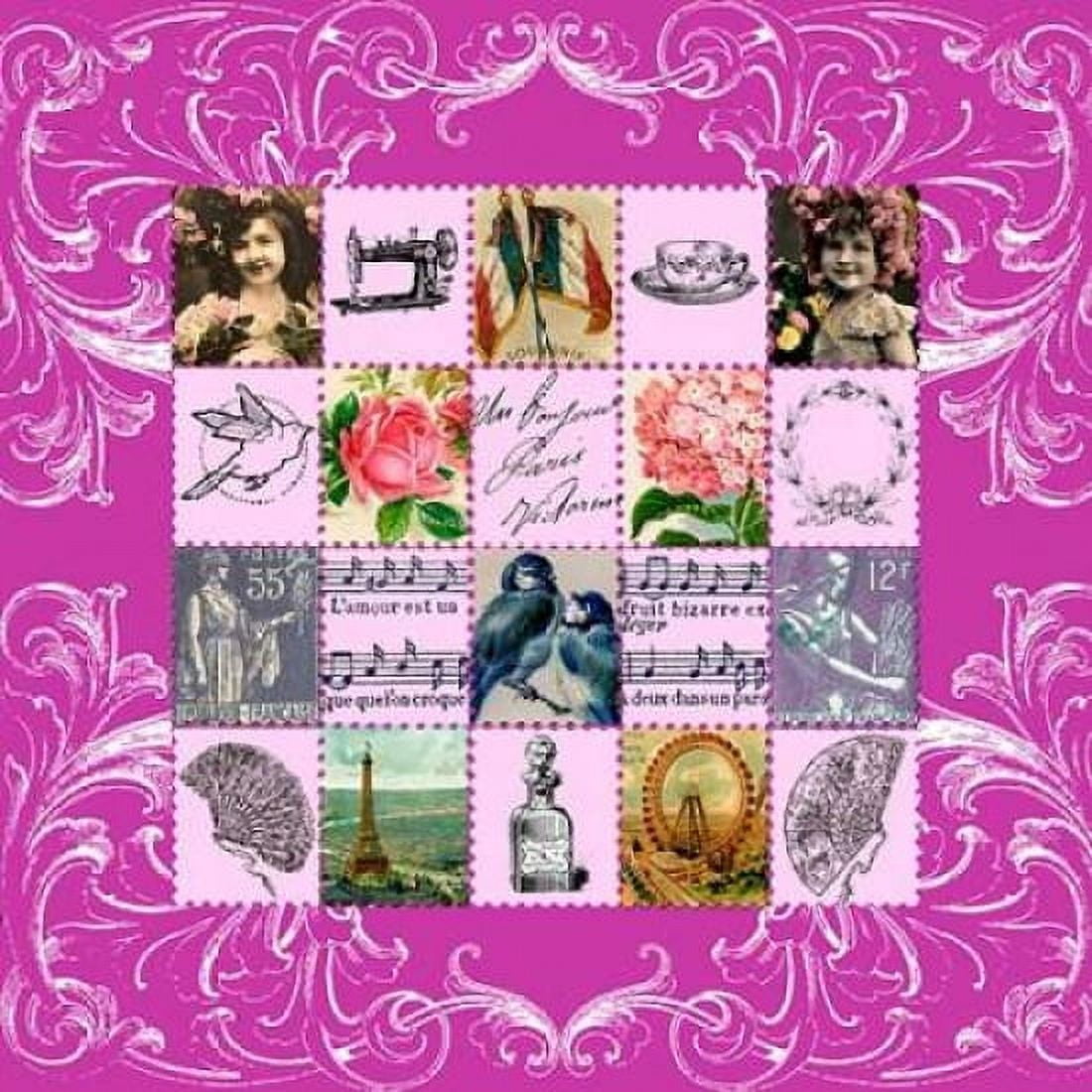 Vintage Stamps Pink Canvas Art - Marion De Lauzun (24 x 24)