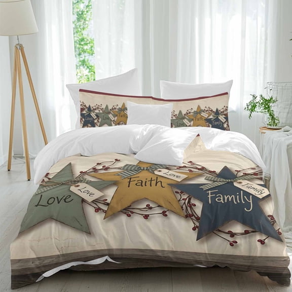 Vintage Star 4 Piece Duvet Cover Set Twin Size Green Blue Yellow Star Country Love Faith Family Soft Bedding Set Comforter Cover, 1 Duvet Cover 1 Flat Sheets and 2 Pillowcases