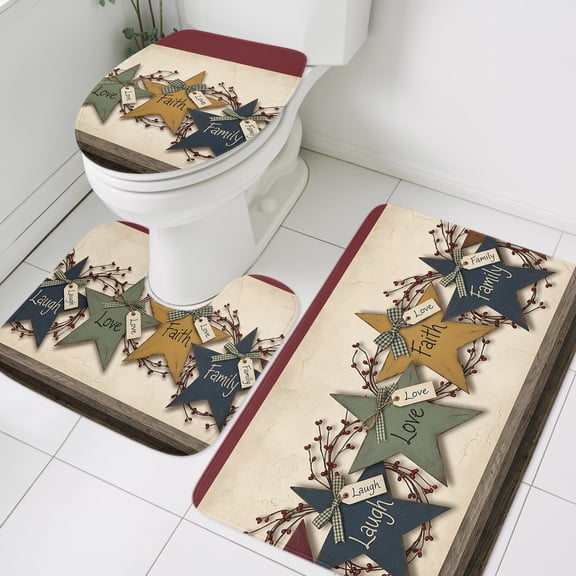 Vintage Star Bathroom Rugs Set Green Blue Yellow Star Country Love Faith Family Non Slip Absorbent Soft Bath Mats 3 Piece Set with Bathroom Rug, U-Shaped Floor Mat, Toilet Seat Cover Large Size
