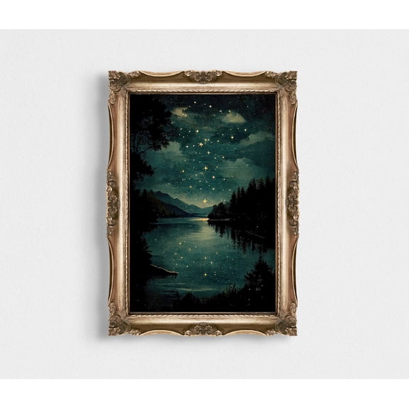 Vintage Star Gazing, Wall Art, Night Landscape Art, Night Wall Art, Stargazing Landscape At Night, Celestial Poster, 8x12 UNFRAMED