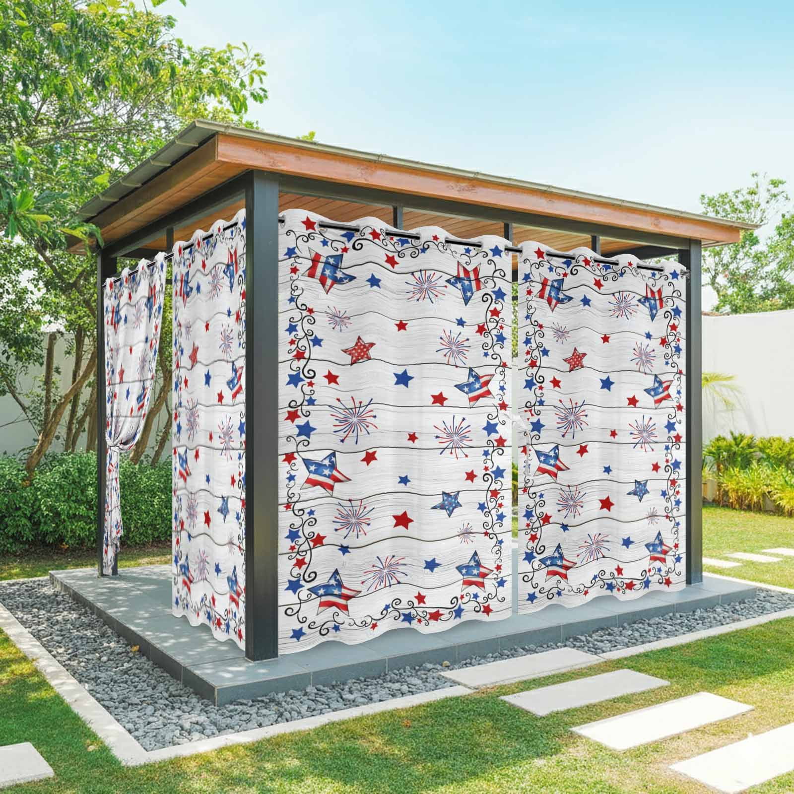 Vintage Star Outdoor Curtains for Patio, Flag Red Blue Star Fireworks Independence Day Wood Sunshade Privacy Drapes Grommet Waterproof Outside Curtains for Porch/Cabana/Balcony 54"x 108", 1 Panel