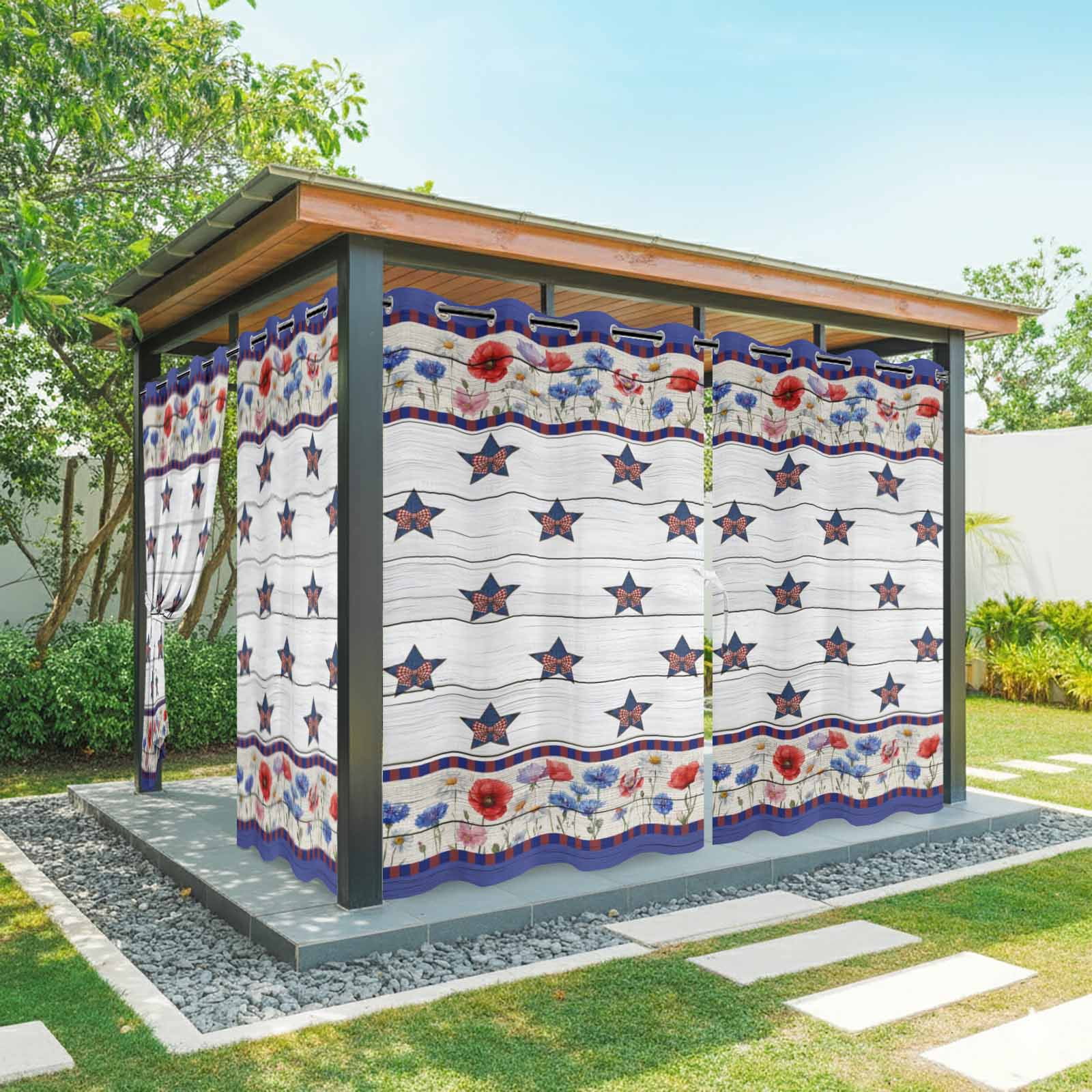 Vintage Star Outdoor Curtains for Patio, Red Blue Bow Country Stars Poppy Floral Wood Grain Sunshade Privacy Drapes Grommet Waterproof Outside Curtains for Porch/Cabana/Balcony 54"x 108", 1 Panel