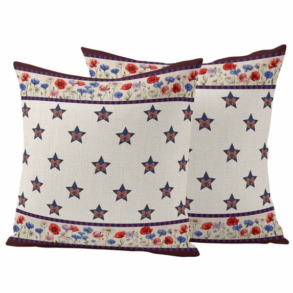 Vintage Star Pillow Covers 2 Pack Red Blue Bow Country Stars Poppy Pastoral Linen Pillowcase Waterproof Outdoor Throw Pillow Cover for Patio Garden Square Cushion 16”x16”