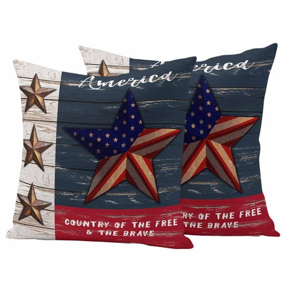 Vintage Star Pillow Covers 2 Pack U.S. Flag Blue Red Wood Striped America Independence Day Pillowcase Waterproof Outdoor Throw Pillow Cover for Patio Garden Square Cushion 26”x26”