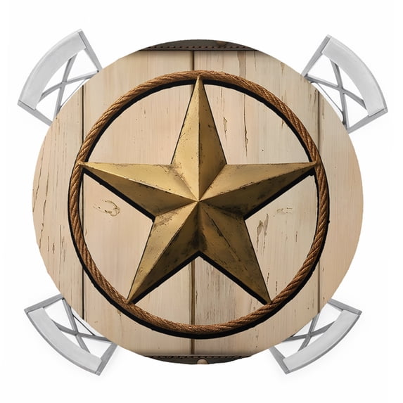 Vintage Star Round Table Cover, Brown Wood Striped Country Farmhouse Rustic Waterproof Fitted Tablecloths for 36"-44" Tables, Washable Picnic Table Cover for Camping Dining Indoor Outdoor