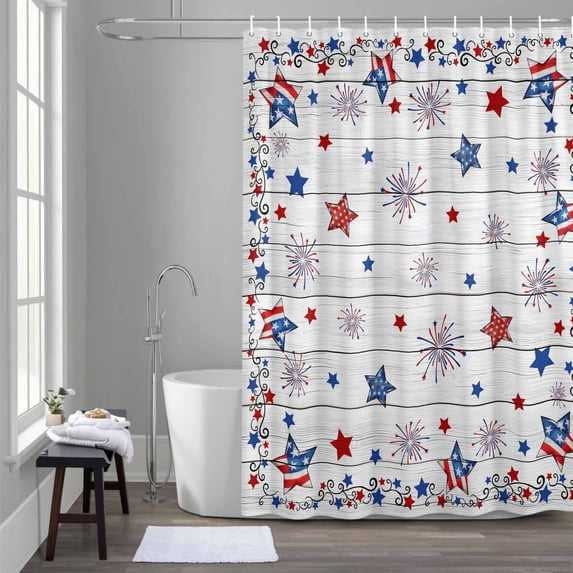 Vintage Star Shower Curtain for Bathroom Decor, Flag Red Blue Star Fireworks Independence Day Wood Waterproof Fabric Shower Curtain, 66"x72" Set with 12 Hooks