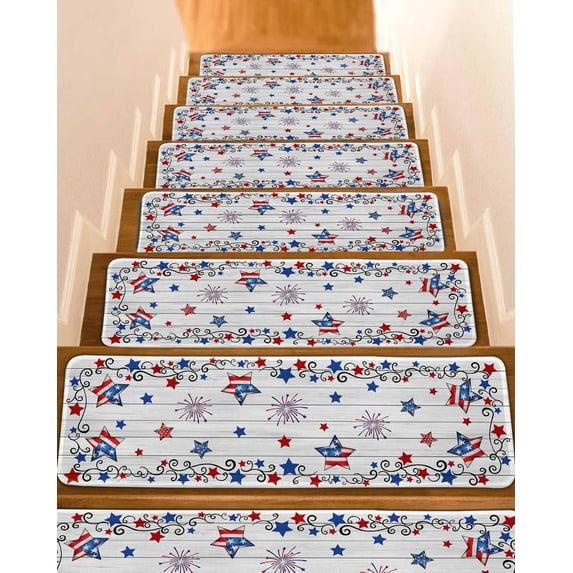 Vintage Star Stair Treads Non Slip for Steps Flag Red Blue Star Fireworks Independence Day Wood 7 Pcs Reusable Adhesive Stair Runner Mats for Dogs Elders Carpet Treads Rugs for Staircase 8x30 In