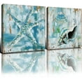 thumbnail image 1 of Vintage Starfish Bathroom Wall Art Teal Beach Room Decor Blue Sea Shell Ocean Painting Canvas Prints Marine Seashell Home Decoration Modern Pictures Artwork Framed Easy to Hang 12 x 12 Inch 2 Panels, 1 of 6