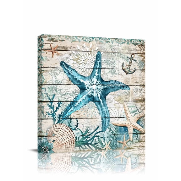 Vintage Starfish Canvas Wall Art, Ocean Coral Anchor Shell Wood Grain Framed Wall Decor Modern Artwork Prints Painting for Living Room, Bedroom, Kitchen & Cafe Decor 8x8 Inch