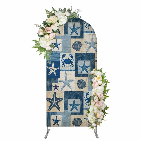 Vintage Starfish Coastal Arch Backdrop Cover 4FT, Blue Shell Crab Nautical Retro Art Spandex Fitted Stretchy Arch Stand Covers, Round Top Chiara Backdrop Cover for Wedding Party Birthday Baby Shower