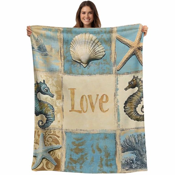 Vintage Starfish Coastal Blanket Soft Cozy Warm Throw Blanket for Couch, Plush Fuzzy Flannel Fleece Blankets for Sofa, Nautical Shell Seahorse Bed Blankets Lightweight Gifts for Women, 40"x50"
