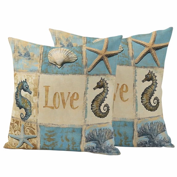 Vintage Starfish Coastal Outdoor Waterproof Pillow Covers, Nautical Shell Seahorse Decorative Square Throw Pillowcase Sofa Cushion Sham for Patio/Couch/Chair, 18"x18" 2 Pack
