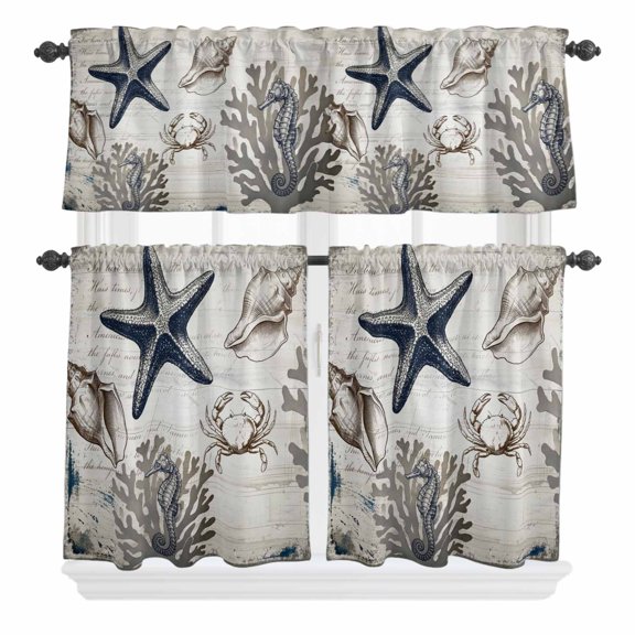 Vintage Starfish Curtain Valances Set Conch Seahorse Crab Watercolor Gray Coral Kitchen Curtains 36 inch Length Rod Pocket Valance and Tiers 3 Piece Set Small Bedroom Bathroom Laundry Decor