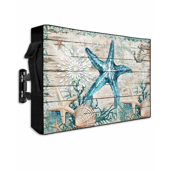 Vintage Starfish Outdoor TV Cover 70 to 75 inch Ocean Coral Anchor Shell Wood Grain Waterproof Dustproof TV Covers for Outside with Zipper Remote Control Pocket Flat Screen Protectors