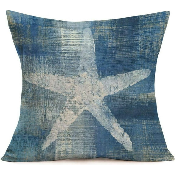 Vintage Starfish Pillow Cover Cotton Linen Ocean Blue Series Nautical Decorative Pillow Covers Beach Theme Cushion Cover Home Decor Pillowcase for 18x18 Inch