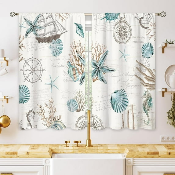 Vintage Starfish Seashells Small Kitchen Curtains Coral Nautical Window Treatment Coastal Retro Ocean Beach Cafe Short Curtains for Bathroom Dining Room Tier Treatment Drapes 27.5x39 inch