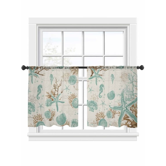 Vintage Starfish Sheer Curtains 54 Inch Long 2 Panels, Coral Seahorse Shell Ocean Teal Light Filtering Rod Pocket Curtains, Sheer Voile Drapes for Living Room Bedroom, 52"x54"