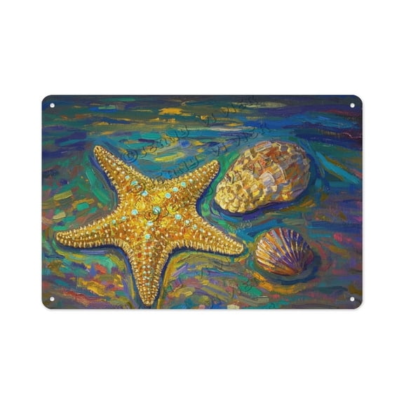 Vintage Starfish and Shells Metal Tin Sign – 8x12 Inch Beach Wall Décor for Living Room, Porch, and Garden – Gift for Ocean Lovers and Beach House Owners