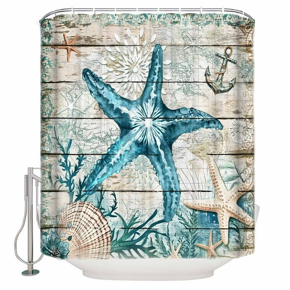 Vintage Starfish Shower Curtain, 66" x 72", Ocean Coral Anchor Shell Wood Grain Waterproof Bathroom Curtain Washable Shower Curtain Set with 12 Hooks