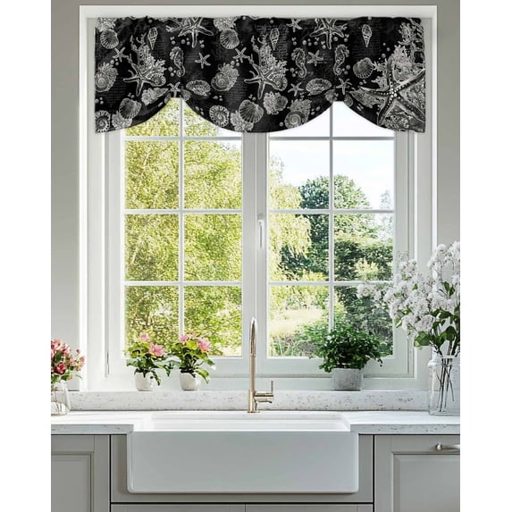 Vintage Starfish Tie Up Valances Curtain, Adjustable Kitchen Coral Seahorse Shell Valances for Windows Decor, Rod Pocket Short Curtains Set for Bedroom/Bathroom, 54"x18"