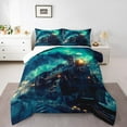 thumbnail image 1 of Vintage Steam Engine Bedding Set Old Train Car Twin Comforter Set Child Retro Locomotive Down Comforter Railway Track Transport Bed Set Turquoise Moon Starry Galaxy Quilt Set,Cyan, 1 of 7