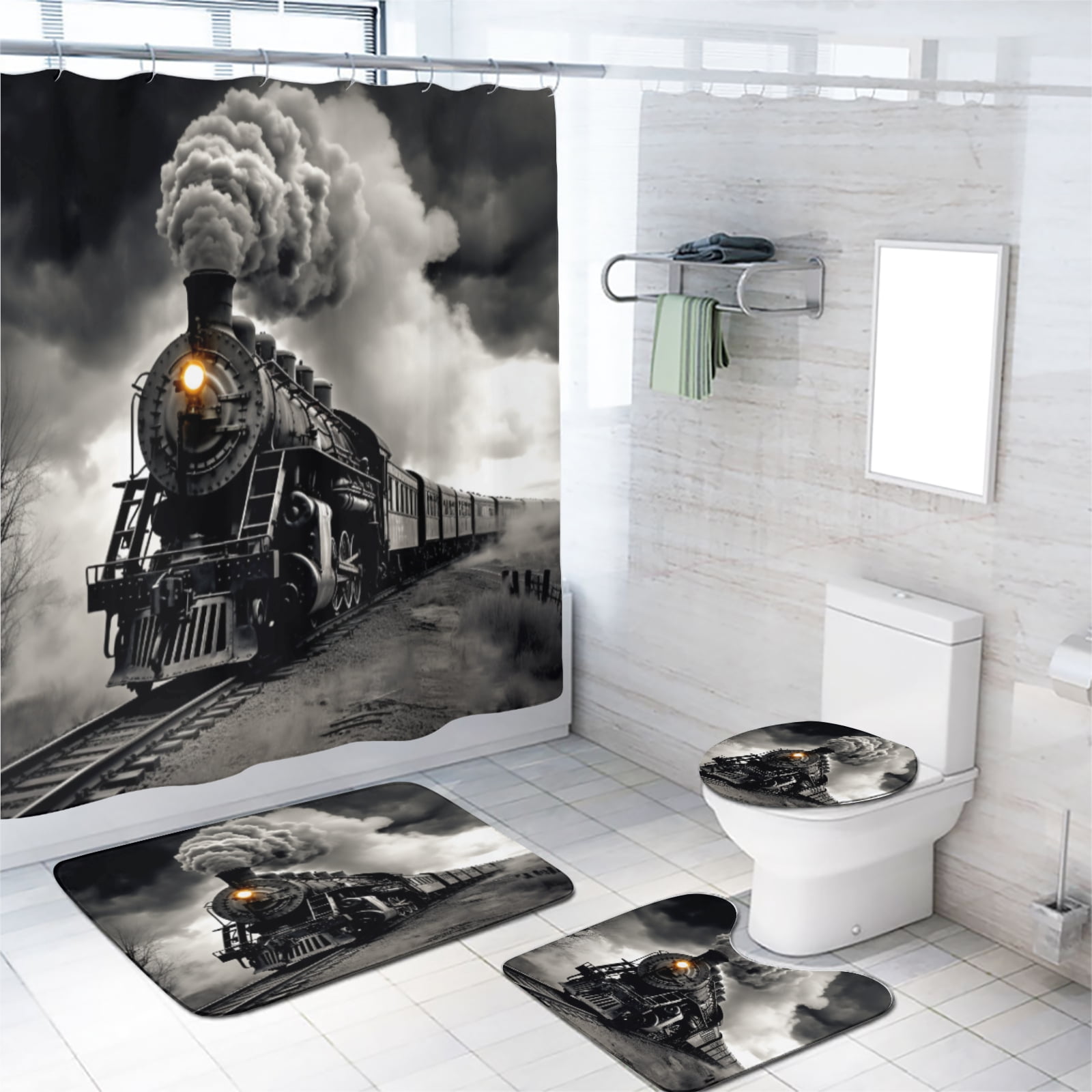 Vintage Steam Engine Shower Curtain Set Vintage Industrial Train Locomotive Driving On The Railroad Retro Bathroom Decor Set with Accessories, Waterproof Shower Curtain for Bathtub Decor, 72x72 Inch