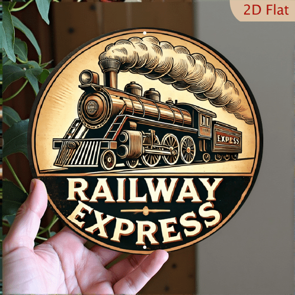 Vintage Steam Locomotive Express Railway Round Aluminum Wall Art, 8x8 Inch Retro Train Circular Metal Sign for Home and Office Decor