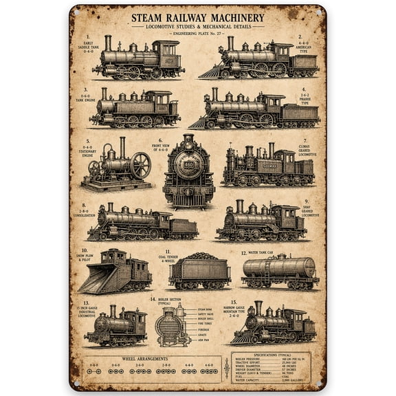 Vintage Steam Railway Machinery Metal Sign, 8x12 Inch, Rustic Iron Wall Decor, Vintage Locomotive Art, Antique Train Diagram, Weather Resistant Home Decor Sign, Easy Hanging Indoor Outdoor Use