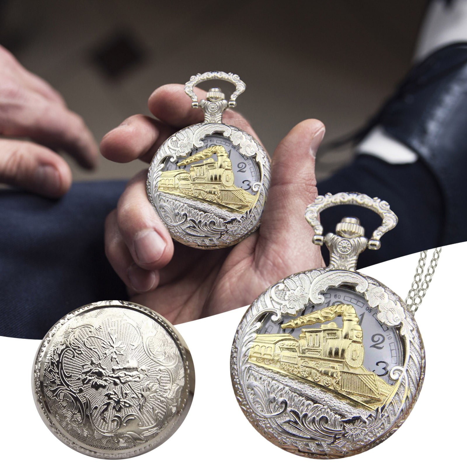 Vintage Steam Train Antique Chain Quartz Pendant Pocket