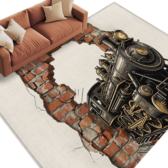 Vintage Steam Train Area Rug 5x8 Washable Rug Non Slip Cracked Brick Wall Rustic Industrial Large Area Rug Soft Stainresistant Indoor Carpet for Living Room Bedroom Home Office Dining Room Nursery