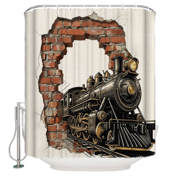 Vintage Steam Train Bathroom Shower Curtains with 12 Hooks Waterproof Shower Curtain for Stalls and Bathtubs Cracked Brick Wall Rustic Industrial Decorative Bathroom Privacy Curtain 36x72 Inches