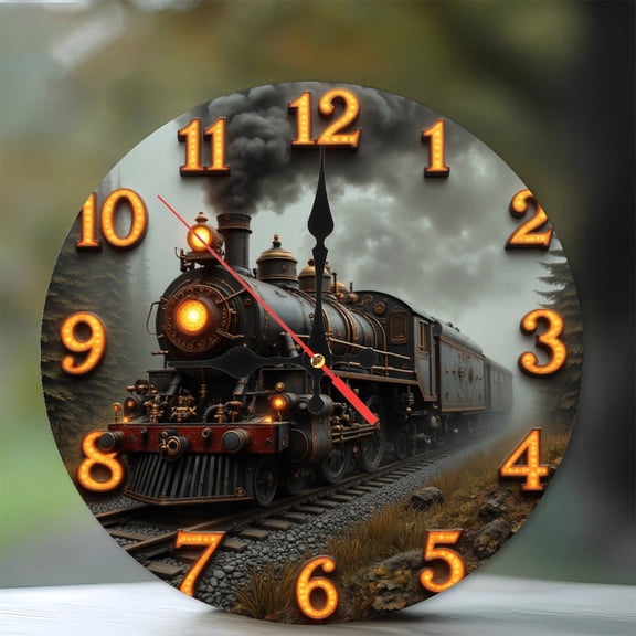 Vintage Steam Train Clock 10-Inch Silent Wooden Wall Clock, Battery Operated (AA Batteries Not Included), Artistic Home Decor