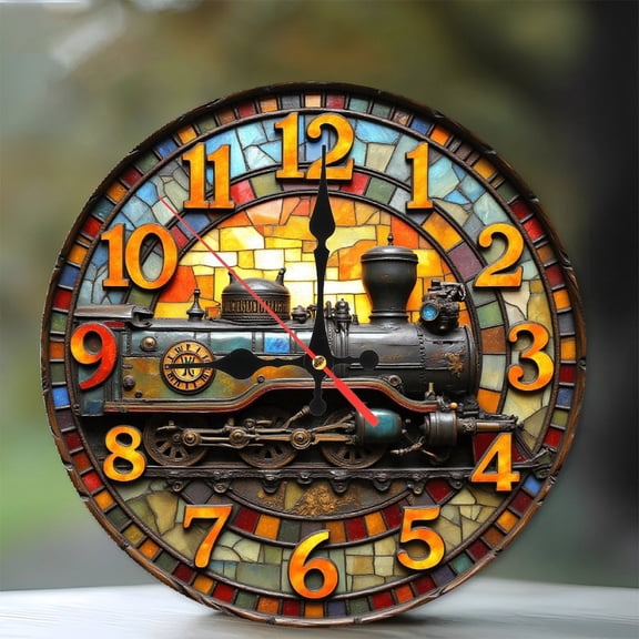 Vintage Steam Train Clock Wall Art Decor 10-Inch Silent Wooden Wall Clock, Battery Operated (AA Batteries Not Included), Artistic Home Decor