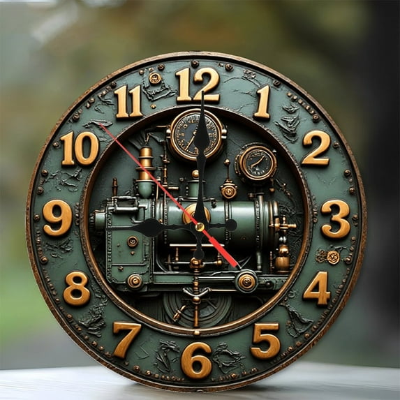 Vintage Steam Train Locomotive Wall Clock 10-Inch Silent Wooden Wall Clock, Battery Operated (AA Batteries Not Included), Artistic Home Decor