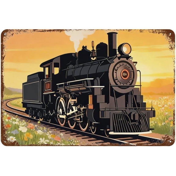 Vintage Steam Train Sunset Floral Metal Tin Sign, Retro Locomotive Countryside Wall Decor Art Plaque for Home or Cabin, 8 x 12 Inch