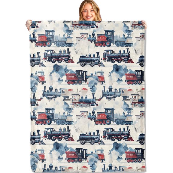 Vintage Steam Train Throw Blanket - 40x50in,Ultra Soft, Cozy Lightweight Flannel,Locomotive Print Retro Car Blankets - Gifts for Kids Boys,for Couch Travel,Home Living Room Decor