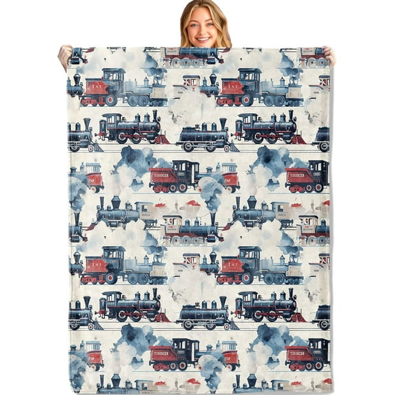 Vintage Steam Train Throw Blanket - 50x60in,Ultra Soft, Cozy Lightweight Flannel,Locomotive Print Retro Car Blankets - Gifts for Kids Boys,for Couch Travel,Home Living Room Decor