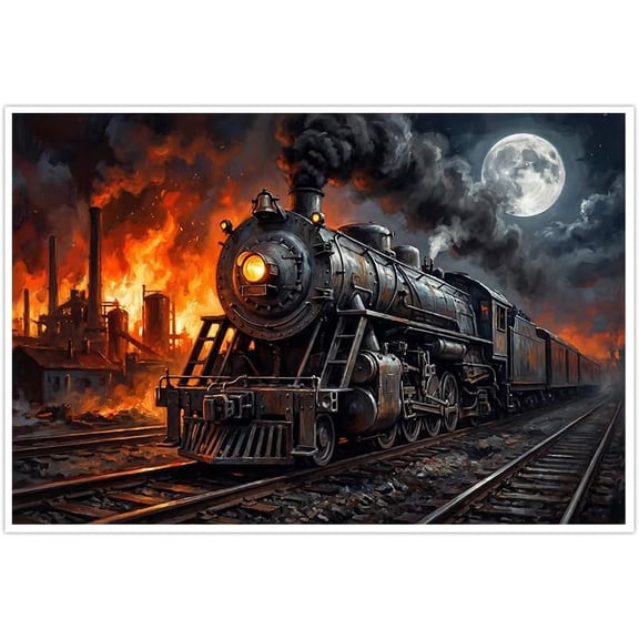 Vintage Steam Train Wall Art Industrial Locomotive Night Moon Canvas Poster