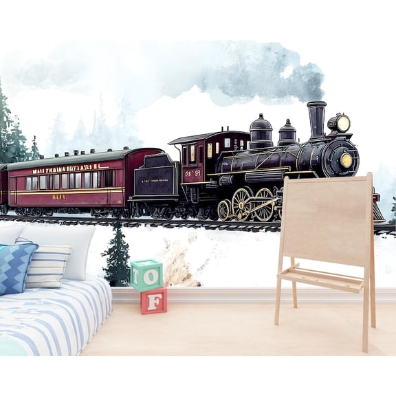 Vintage Steam Train Wall Mural for Kids Room - Railroad Themed Boys Bedroom Decor - Peel and Stick Train Wallpaper Nursery Art Vn024