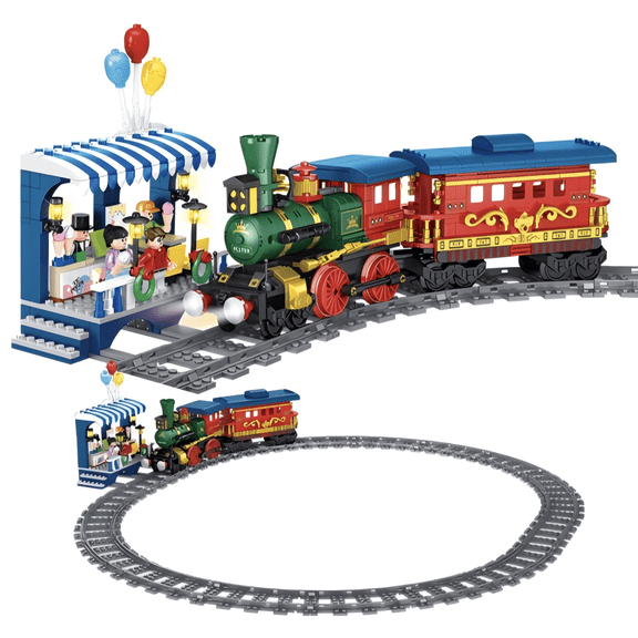 Vintage Steam Train with Station & Track Building Block Set, Gift for Birthdays, Home Office Table Centerpiece Decor