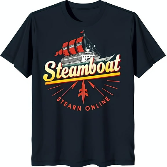 Vintage Steamboat Graphic Tee Bold Red Sails & Colorful on Black T-Shirt