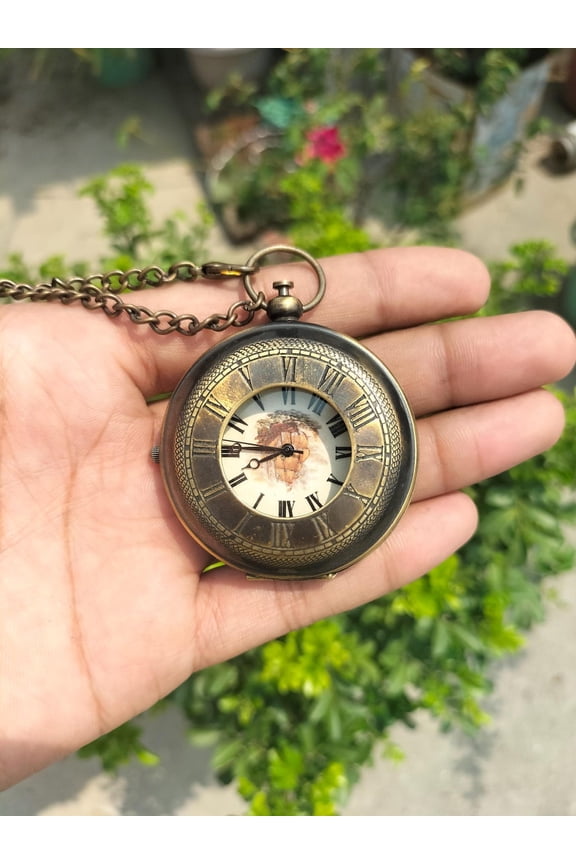 Vintage Steampunk 2-Inch Pocket Watch Antique Bronze Roman Numeral Fob Watch with Chain Push Button Quartz Timepiece