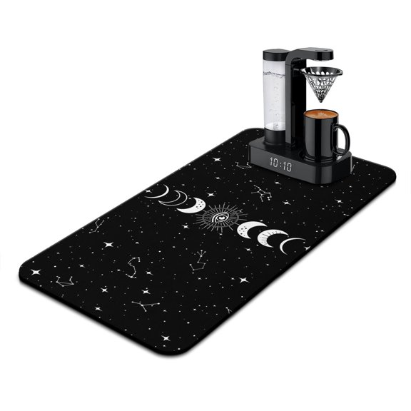 Vintage Steampunk Astronomy Coffee Maker Mat - Gothic Black and Gold Moon Absorbent Mat - 4-Layer Durable Coffee Bar Mat - Mystical Moon and Starry Sky